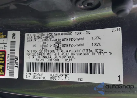 2015 Toyota Tundra Sr5 5.7L V8 from USA, damaged, VIN 5TFRY5F16FX177181